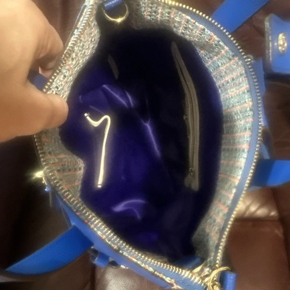 HENRI BENDEL Large Blue Leather Tweed Jetsetter Convertible Backpack Bag Preppy